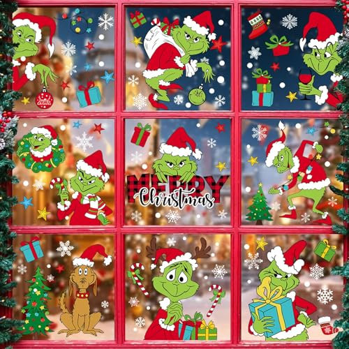 Grinch - Adesivo natalizio, 9 fogli, decorazione per finestre, Natale, decorazione natalizia su entrambi i lati, motivo fiocchi di neve, per Natale, feste, casa, finestre