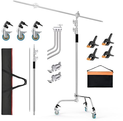 EMART C Stand 330cm, Verstellbares Edelstahl-Beleuchtungsstativ mit 126cm Haltearm und Rollbar Umlenkrolle, Heavy Duty Galgenstativ für Fotoreflektoren, Softbox, Monolight, Kamera
