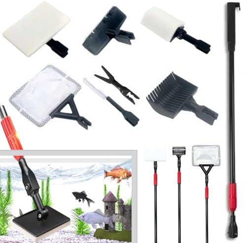 Geoyien Mulmsauger Aquarium, Aquarium Sauger, 7 in 1 Aquariumreiniger, Aquarium Reinigungswerkzeug mit langem Teleskopstiel, Schaber, Fischernetz, Reinigungsbürste, Gabel für Pflanzen, Sandrechen