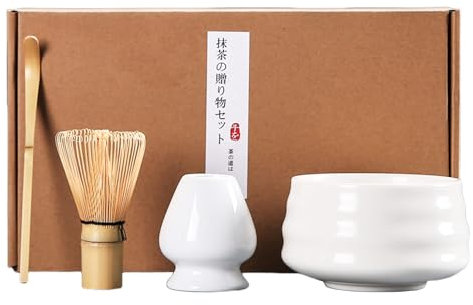 Henrrida 4 PCS Matcha Set,Ceramics Matcha Bowl 19 Oz,Include Matcha Whisk and Bowl,Blender Bracket and Matcha Spoon,Traditional Tea Ceremony Matcha Kit (White)