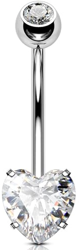 OUFER 14G Piercing Ombelico Filettato Interno Belly Button Ring Acciaio Chirurgico 316L Trasparente Cuore CZ Belly Bar Piercing Ombelico Anello 14 mm