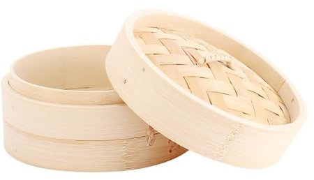 Vaporera de bambú, cesta de vapor para alimentos/verduras incluye tapa de bambú y cestas de bambú para albóndigas Dim Sum de pescado y carne (10 cm)