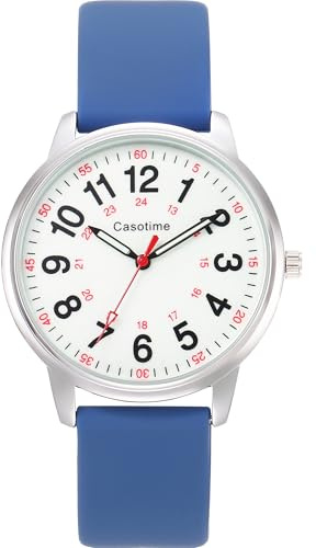 Casotime Orologio da infermiere impermeabile fino a 30 m, quadrante luminoso di facile lettura, lancetta dei secondi e ora militare 24h, cinturino in silicone resistente per infermieri, professionisti