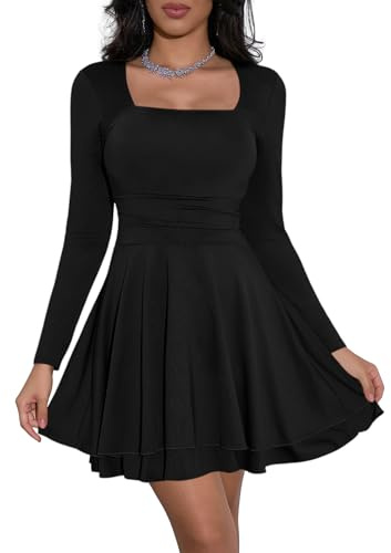 Cicy Bell Vestiti da donna a maniche lunghe con scollo quadrato, abito da festa con orlo a volant, corsetto, mini abito con vita arricciata, abito corto elegante aderente, Nero , L