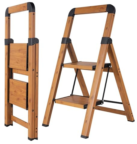 BIBKOKE Escalera Plegable de 2 escalones con Acabado de Grano de Madera, Taburete Plegable de Aluminio, Antideslizante, portátil, Resistente para el hogar y la Cocina, Oficina, 330 Libras