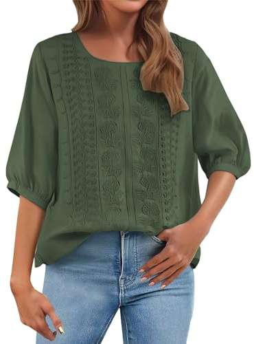 Chemisiers De Travail pour Femmes Bureau Professionnel Manches Longues Chemisier Brodé en Coton Et Lin Femme Style Bohème 3/4 Tunique Élégante Long Blouse Top Chemise Col Chic Élégant