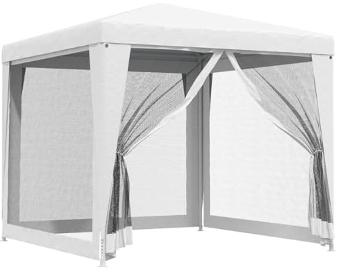 HOMELEN Tente de réception avec parois latérales en maille filet 2,5 x 2,5 m - Blanc - Toit en polyéthylène résistant aux UV - Imperméable - Cadre en fer - 4 côtés en maille avec fermeture éclair