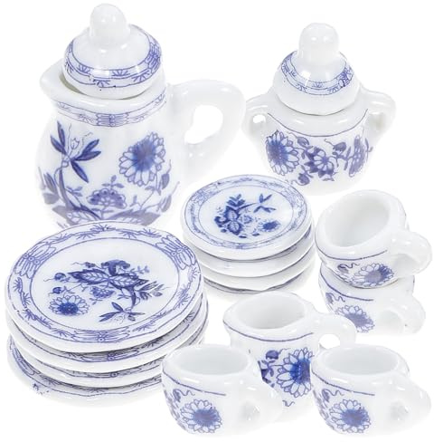 ORFOFE Juego de Té Miniatura de Cerámica Azul 15 Piezas, Vajilla Decorativa para Casas de Muñecas, Accesorio para Decoración de Hogar y Juego de Simulación Infantil