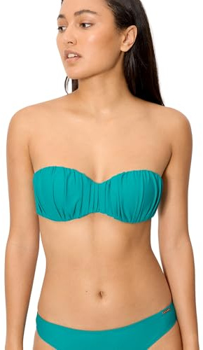 YSABEL MORA. Top Bikini Bandeau Fruncido Copa B. Incluye Aro y Relleno Fijo para Sujeción Tirantes Removibles y Cierre de Anudado a la Espalda .Colección Turquoise.