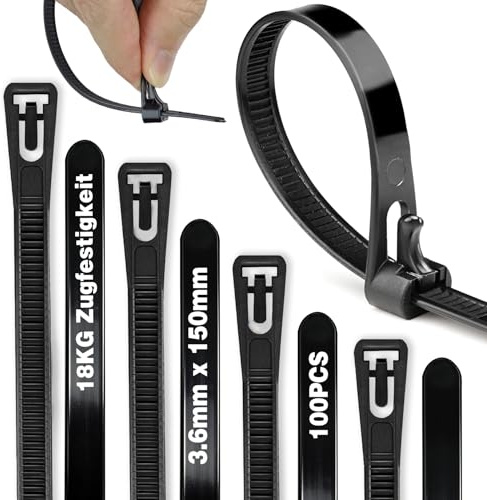 Bridas Plastico Reutilizables Negras, 100 Piezas 150mmx3,6mm, Zip Ties Resistencia a la Tracción de 20kg, Cable Ties Resistentes a los Rayos UV para Interiores y Exteriores,Gestión de Cables
