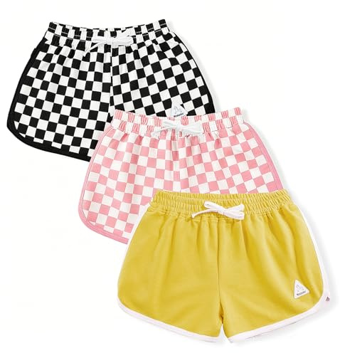 Rolanko sportshorts för flickor, bomull sommar kontrastbindande delfin korta byxor, barn atletisk gymkläder för löpning och dans, 3 paket, Svart rosa gul, 11-12 År