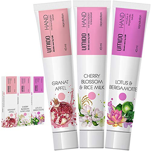 UMIDO 3 Stück Set Hand-Lotion Set 45 ml | 1x Granatapfel | 1x Cherry Blossom & Rice Milk | 1x Lotus & Bergamotte | Handcreme | Pflegecreme | Hand-Pflege | Handcreme Set