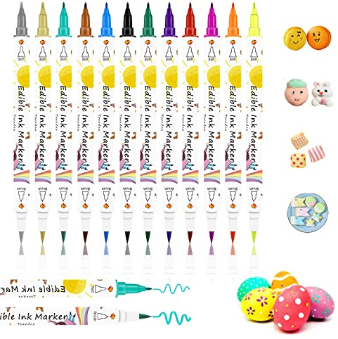 Edible Food Colouring Pens 12Pcs,Dual Sided Food Grade Icing Pens and Edible Markers with Fine&Thick Tip,Edible Food Pens Gourmet Writers for Cakes,Cookies,Fondant,Frosting,Easter Eggs,Desserts Decor