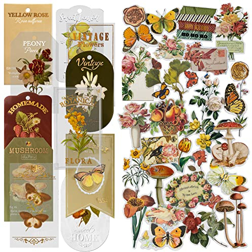 4 Packungen Vintage Natural Scrapbook Sticker Set Schmetterling Blume Deko Aufkleber Pflanze Pilz Aufkleber für DIY Handwerk Kartenherstellung Planer Dekoration Album Tagebuch Kalender (Lush)