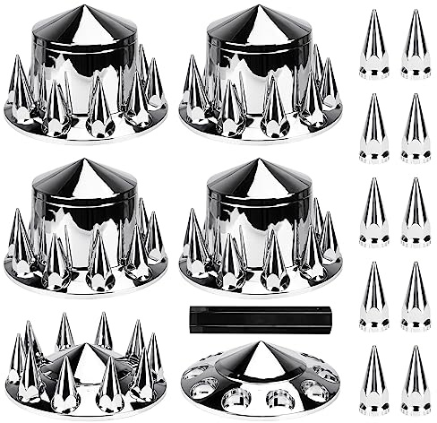 Youxmoto Chrome ABS Complete Axle Cover Set, 2 Front and 4 Rear with Hub Caps and 33mm Screw-On Spiked Lug Nut Covers for Semi Trucks