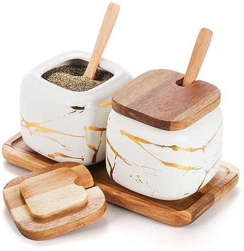 Dicunoy 2 Pack Ceramic Sugar Bowl with Lids and Spoons, Salt and Sugar Container, White Porcelain Sugar Coffee Container, Condiment Spice Pots with Wooden Tray for Bar Table, Kitchen, Countertop