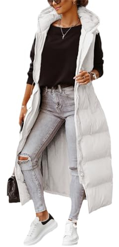 Fessceruna - Gilet da donna con cappuccio, lungo, senza maniche, trapuntato, invernale, giacca per la mezza stagione con tasche