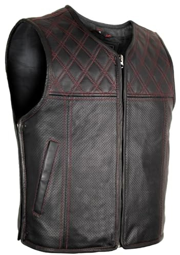 MDM Gilet in vera pelle uomo nero con cuciture rosse trapuntate, stile biker moto club, traforato e traspirante in pelle bovina di alta qualità