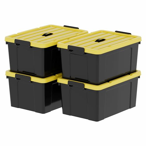 Cetomo 90 L x 4 förvaringslådor, plastförvaringslåda med lock, handtag och spärrspännen för verktyg utomhus trädgård garage hem, hållbar, kraftig, stapelbar, kapsling, svart och gul, 90 L (4-pack)