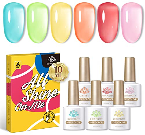 BORN PRETTY 6 Colori Smalto Semipermanente Unghie Trasparente Pastello Smalto per Unghie Colore Cristallo Blu Verde Giallo Arancio Rosso Rosa oak Off Gel UV LED 10ml