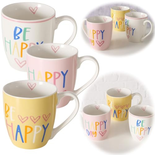 LS-LebenStil 3´er Set Jumbo Kaffeebecher Spruch BE Happy 400ml Gute Laune XL Henkelbecher Kaffeetasse