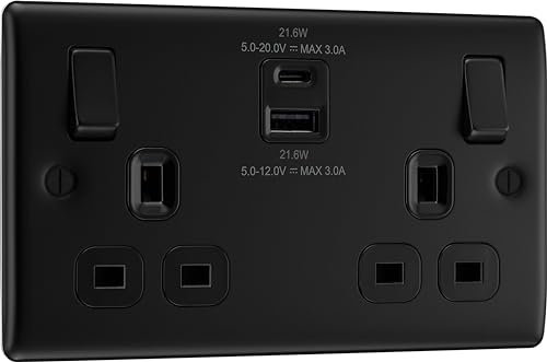 BG Electrical 22W Double Switched Wall Plug Socket with Fast Charge Type A & C USB Charging Ports, Nexus Metal, Matt Black, 13A, NFB22UAC22B
