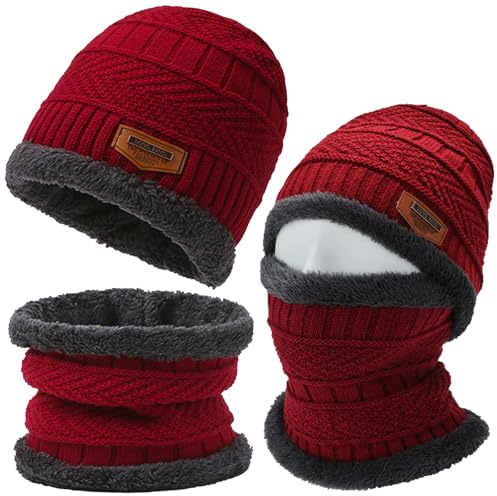 Axinyijia Ensemble Bonnet Tour de Cou Homme Hiver, Bonnet d'hiver Doublés de Polaire et Cache Cou Homme, Chapeau et Écharpe à Boucle pour Hommes (rouge)