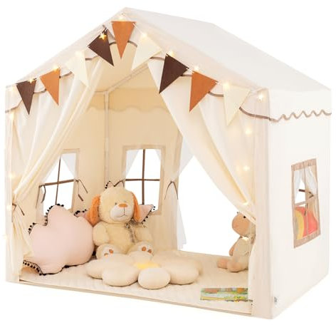 COSTWAY Kids Age 3+ Play Tent, 136 x 94 x 134cm Toddler Playhouse with Star Lights, Flag Banner, Cotton Mat, 2 Doors and Windows, Indoor Castle Fairy Tents for Boys & Girls (Beige)