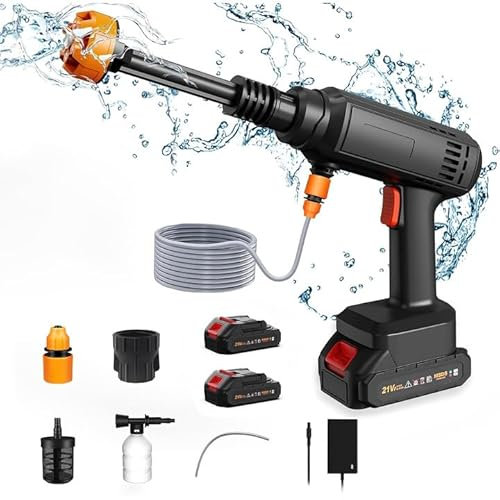 Nettoyeur Haute Pression Portable Sans Fil, Max 60 Bar sur Batterie, Buse 6 en 1 pour l'Arrosage & le Nettoyage de Voiture (2*Batterie)