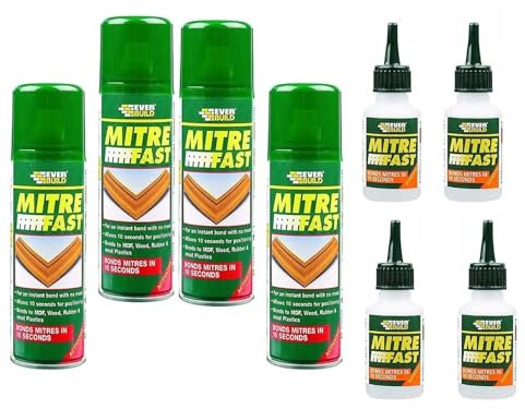 4 x Mitre Fast Adhesive Kit, 50g Superglue and 200ml Activator, 10-Second Bond for Wood Rubber Plastic and MDF