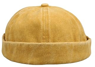 HATSQUARE Washed Cotton Docker Cap – Unisex Brimless Rolled Cuff Skull Beanie, Adjustable Harbour Pigment Dyed Hat – Yellow