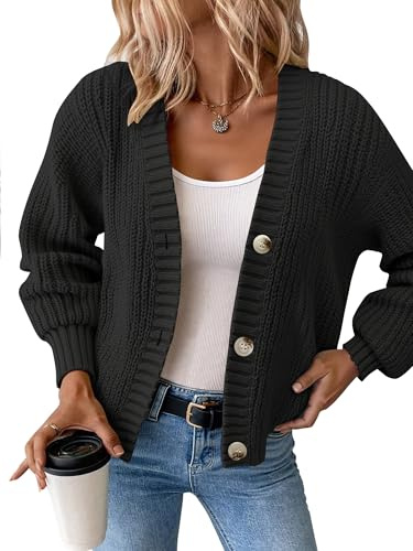Women’s Chunky Knit Cardigan – Waffle Knit Button Down Oversized V Neck Fall Sweater for Casual Layering (US, Alpha, Medium, Regular, Regular, Black)