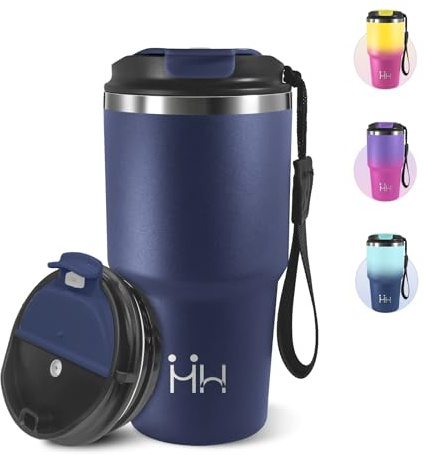 Mug Isotherme Cafe, 600 ml, Tasse à Café Isotherme avec Couvercle, 304 Acier Inoxydable, Réutilisable Tasse de Voiture avec Couvercle, Idéal pour le Café à Emporter et Le Bureau - Bleu foncé