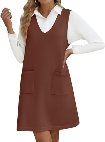 HOTOUCH Robe pull sans manches pour femme – Robe pull décontractée en tricot avec col en V – Robe d'automne ample avec poches, marron, L