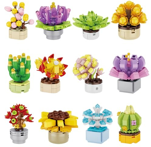 Pilikoll 12 Pièces Mini Blocs de Construction de Plantes Succulentes Mini Fleur Bloc de Construction Kit de Construction de Bouquet de Fleur Succulent Building Set pour Adultes et Enfants