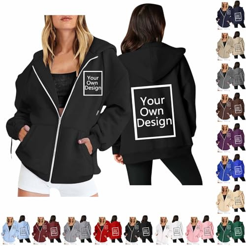 Sweat à Capuche Femme Zippé Pull Personnalisé Ajoutez Votre Propre Photo/Texte/Logo Décontracté Manche Longue Veste de Sport Hoodies avec Poches Automne Hiver Sportswear Gilet Femme Couleur Unie