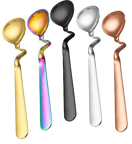 Cabilock Juego de 5 Cucharas de Acero Inoxidable para Miel, Yogur y Postres Mango Curvo, Multiusos Mezclar en Cafeterías y Restaurantes