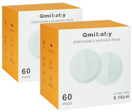 Qmibaby Disposable Nursing Pads, 6-Layer Super Absorbent Breathable Breastfeeding Pads, Ultra-Thin 3D Contour, Leakproof & Hypoallergenic, Individually Wrapped (60 Count) (120 Count)
