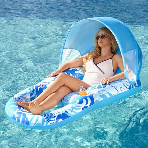 SLOOSH Inflatable Pool Floats Lounger Adult, Pool Lounger with Canopy Pool Raft Water Floating Recliner Chair with Cup Holders, Blue