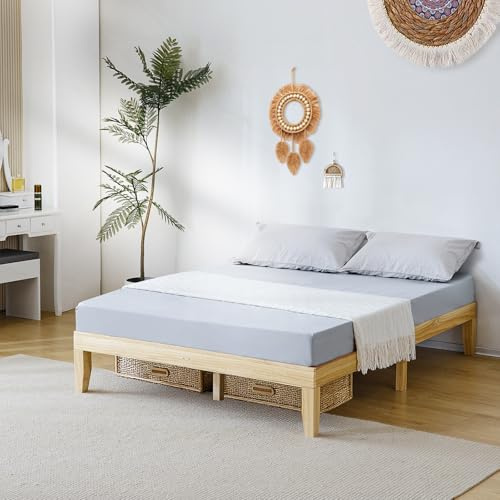 Bonnlo Cadre de Lit, Sommier à Lattes en Bois, Support à Lattes, Lit Simple sans Matelas, en Bois Naturel pour Adulte, Espace de Rangement, 140 x 200 x 30.5 cm