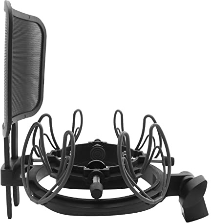 SUUNTOK Microphone Shock Mount with Pop Filter Universal Shock Stand for Microphones Size at 21-62mm Anti-Vibration Mic Holder Clip Compatible with AT2020 MXL 990 770 Rode NT1-A Neumann 103(Black)