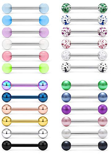 Confezione da 24 Anelli per capezzoli con Barrette per Lingua 14G 12/14/16/18 mm Bilanciere in Acciaio Inossidabile con Perla Glitterata in Metallo
