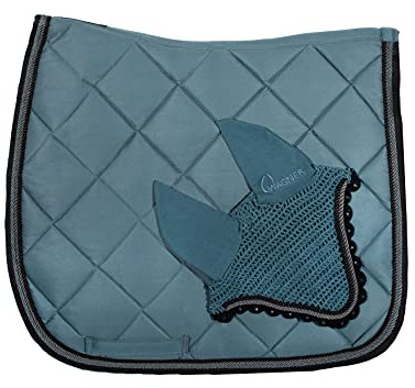 WAGNER Tapis de selle de dressage avec bonnet anti-mouches et strass vintage Bleu/noir