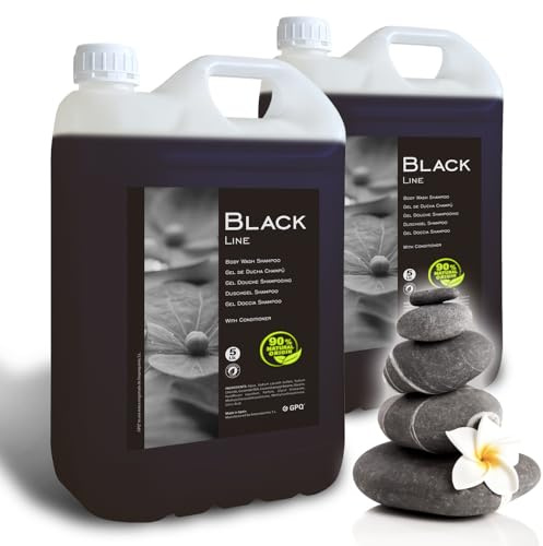 GPQ - Gel/Champú 2en1 BLACK LINE | 2 Garrafas de 5 Litros | 90% Natural Ortigin | Amenities Hotel | Con Acondicionador, Sin Parabenos | Hotel, Casa Rural, Apartamento, AirBnB… | Fabricado en España