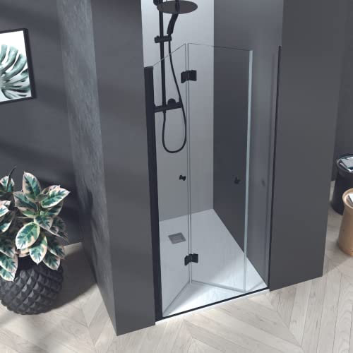 Mampara de Ducha Frontal Puerta Plegable TRANSPARENTE | Cabina Ducha de Apertura Plegable | Vidrio Templado 6mm con Antical | 195cm Altura | Perfilería Negro | 90cm