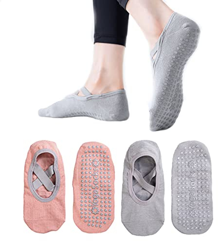 TSHAOUN 2 Paar Yoga Socken rutschfeste rutschfeste Pilates-Socken für Damen, antirutschsocken für Yoga, Pilates, Tanz und Ballet, Aerobic und Fitness-Training, Stoppersocken (Rosa und Grau)