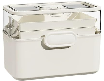 Saim First Aid Organizer Multipurpose Storage Box with Handle, 3-Layer Portable Tackle Box, Art Craft Case for Sewing Supplies Medicine Cosmetic,Cosmetic Household Organizer - White
