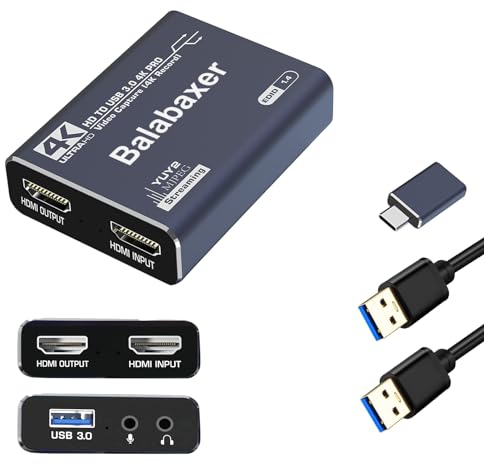 Balabaxer 4K Audio Video Capture Karte, USB3.0 ohne HDMI Kabel Full HD 1080p Erfassungsgerät für Videobearbeitung, Spieleaufzeichnung, Online-Unterricht