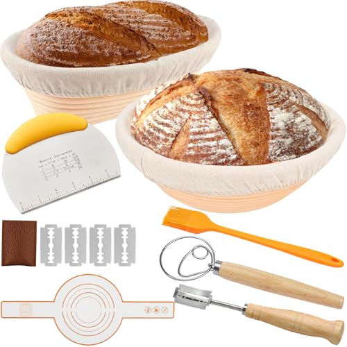 Cestino da Lievitazione per Pane, Kit Completo per Lievito Madre 8 Pezzi, Cestino Pane (23cm Rotondo e 25cm Ovale), con Raschietto per Pasta, Frusta per Impasto, Fascia in Silicone