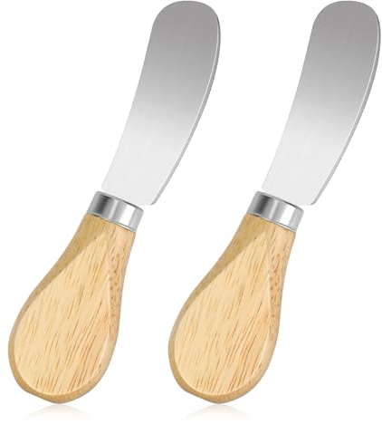 Prasacco 2 Stück Buttermesser Klein, 12 cm Edelstahl Käsemesser mit Holzgriff Kleine Brot Creme Messer Dessertmesser Set Edelstahl Streichmesser für Sahne, Käse, Butter, Marmelade (Silber + Holzfarbe)